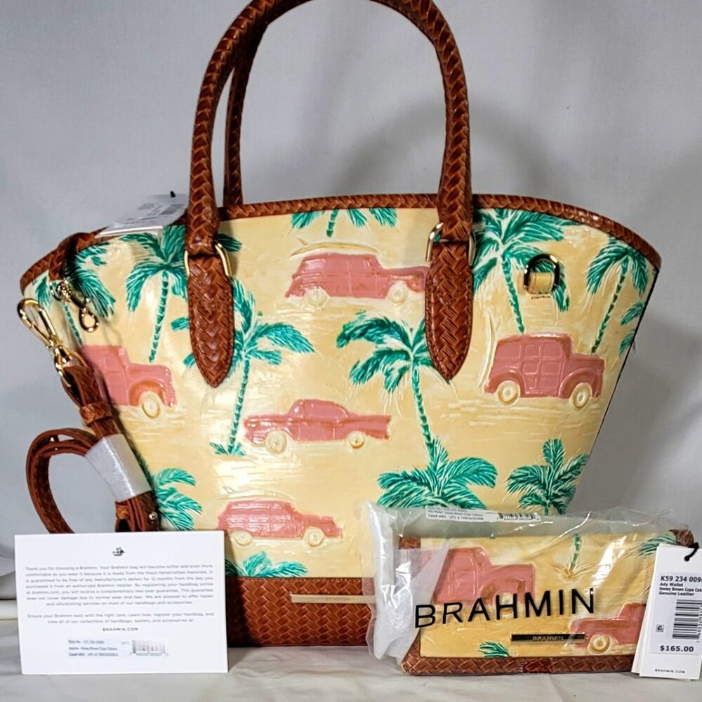 2 pc. BRAHMIN HONEY BROWN COPA CABANA JEANNE SHOULDER BAG/PURSE/TOTE-WALLET SET